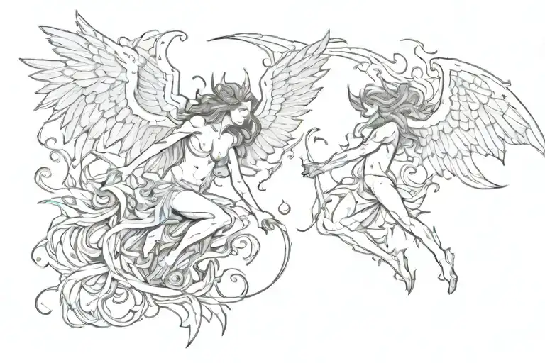 half angel and half devil falling tattoo design idea
