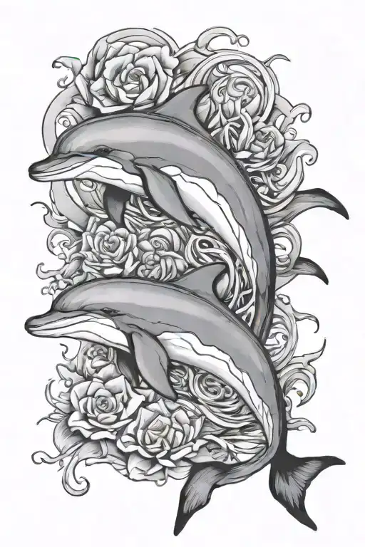 mum and baby dolphin swimming tattoo design idea