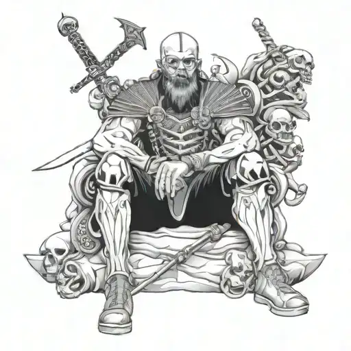 german warrior sitting in skulls surrounded tattoo design idea