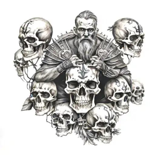 german warrior sitting in skulls surrounded tattoo design idea