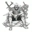 german warrior sitting in skulls surrounded tattoo design idea