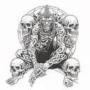 german warrior sitting in skulls surrounded tattoo design idea