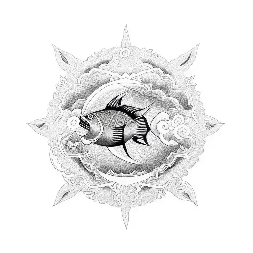 circle madala with koy fish swimming down to nirvana down arm to sunset tattoo design idea