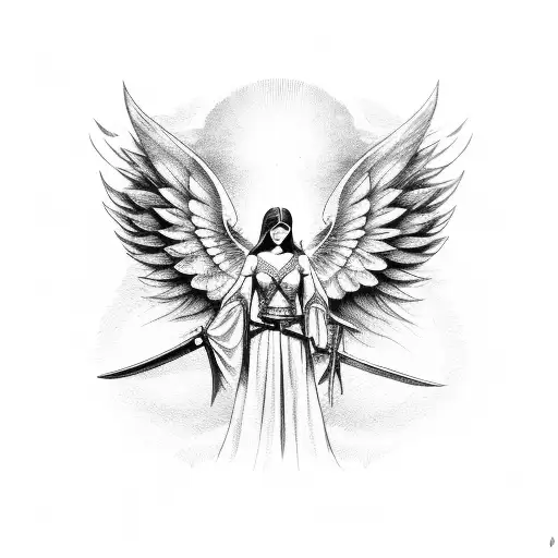 Angel standing holding sword  tattoo design idea