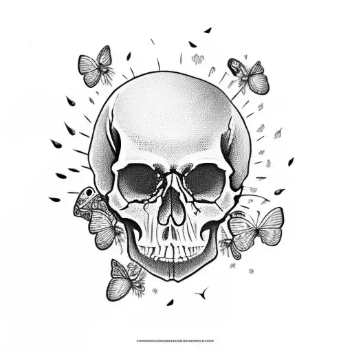 skull with butterflies  tattoo design idea