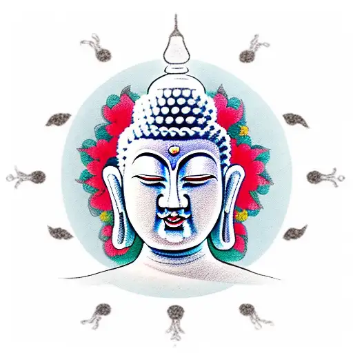 Buddha with head tilted at an angle, pagoda above the buddha tattoo design idea