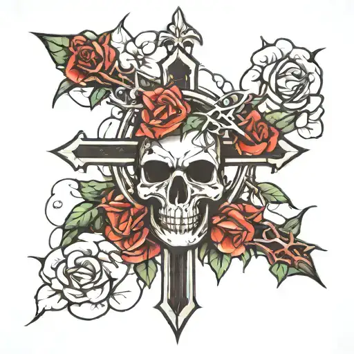 cross, rose, crown of thorns tattoo design idea