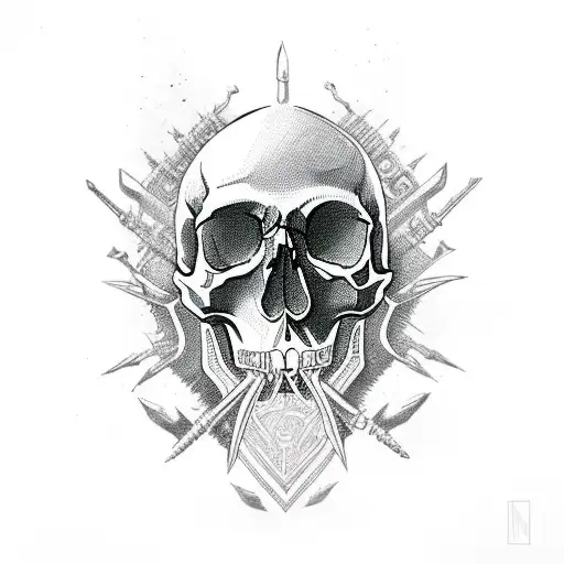 A skull adorned with intricate weapon designs tattoo design idea