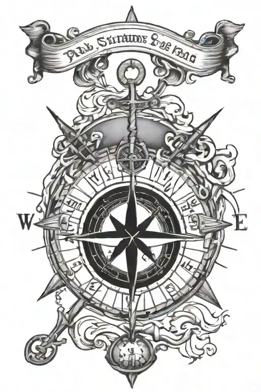 compass with an anchorn and cross with psalm 23:4 tattoo design idea