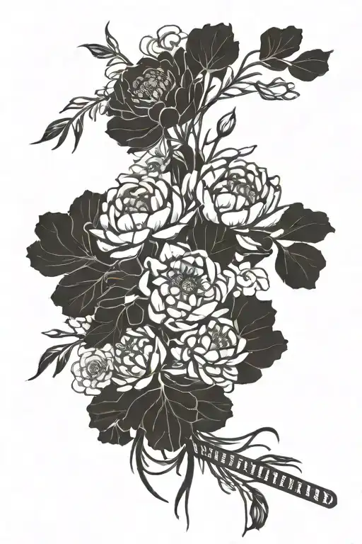 peonies, gentians, spider lilies, chrysanthemums, cherry blossom, and lotuses with a Dizi, guqin, scimitar, ribbon, fan  tattoo design idea