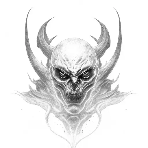 A sinister black and grey portrait of a demon emerging from a shadowy abyss, symbolizing the inner struggle between your ambitious and dark sides. tattoo design idea