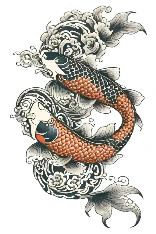 two koi fish transforming tattoo design idea