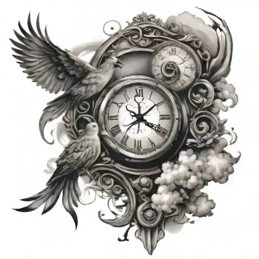 broken clock , birds and clouds  tattoo design idea