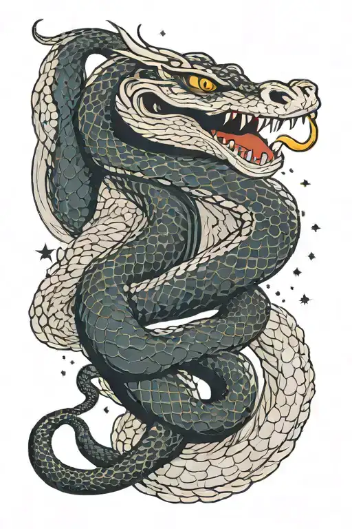 snake like wyvern, curled up with its tail hanging out of its mouth. background is moonlight scene with sky and stars tattoo design idea
