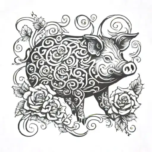 An intricate design of a pig surrounded by swirling vines and blossoming roses tattoo design idea