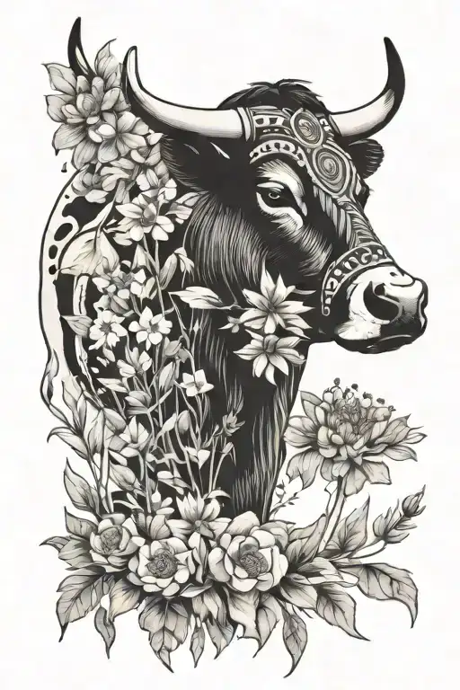 A Native American inspired design incorporating wild flowers and a cow, with a black-grey style tattoo design idea