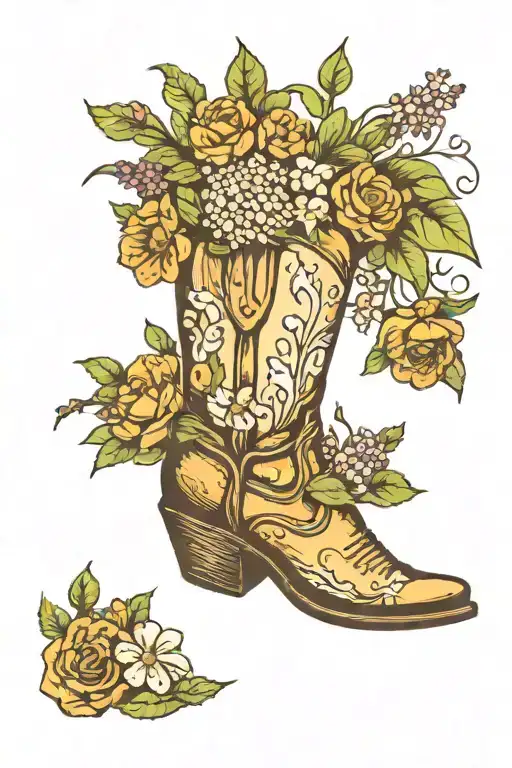 A cowboy boot filled with a bouquet of wild flowers, with a sunset background tattoo design idea