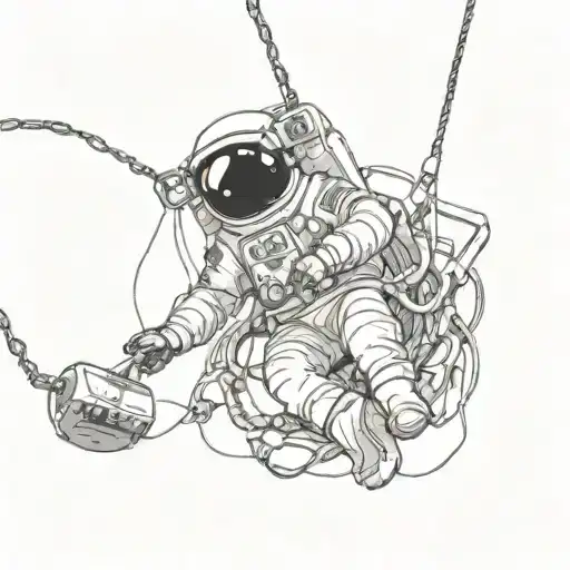 An astronaut floating in space, disconnected from their spaceship, with broken chains around them. tattoo design idea