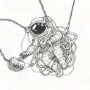 An astronaut floating in space, disconnected from their spaceship, with broken chains around them. tattoo design idea