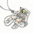 An astronaut floating in space, disconnected from their spaceship, with broken chains around them. tattoo design idea