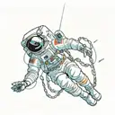 An astronaut floating in space, disconnected from their spaceship, with broken chains around them. tattoo design idea