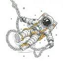 An astronaut floating in space, disconnected from their spaceship, with broken chains around them. tattoo design idea