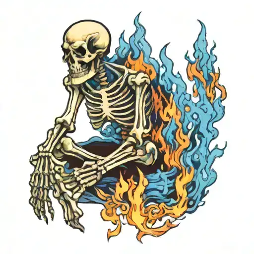 sitting skeleton on fire with blue flames  tattoo design idea