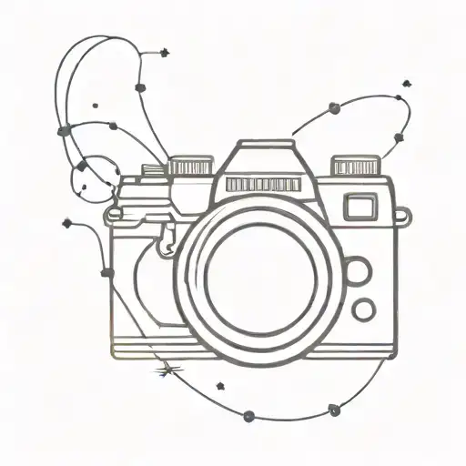 A minimalist tattoo design of a camera shutter with a constellation pattern, blending the love for photography and interstellar themes tattoo design idea
