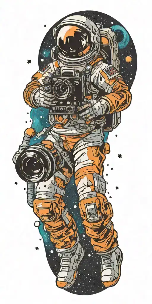 astronaut floating in middle of a galaxy holding up a camera. planets surrounding and stars tattoo design idea