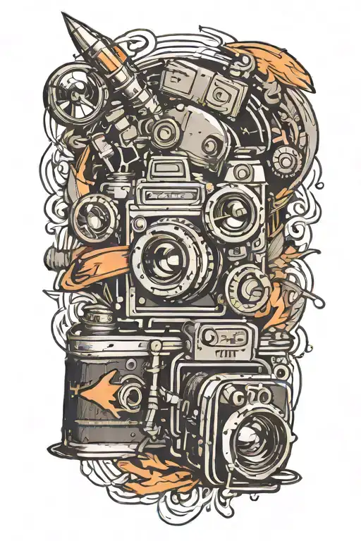 A sketch style tattoo of a camera with a rocket ship flying out of the lens, combining the passions for photography and space exploration tattoo design idea