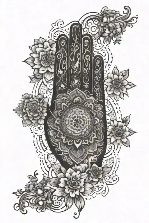 A sketch of a tattoo on the back with Fatima's hand at the top and a mandala at the bottom tattoo design idea