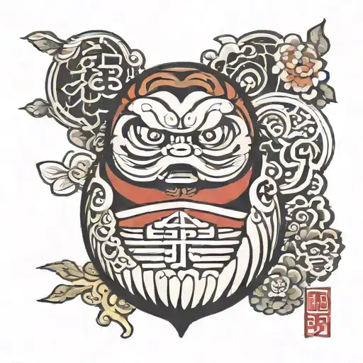 daruma doll with kanji "fortune" writen in its belly tattoo design idea