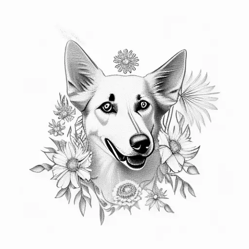 white swiss shepherd dog with edelweiss flowers around him tattoo design idea