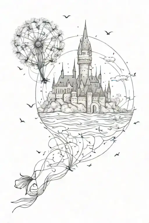 dandelion seeds floating towards hogwarts castle tattoo design idea