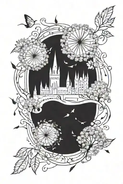 dandelion seeds floating towards hogwarts castle tattoo design idea