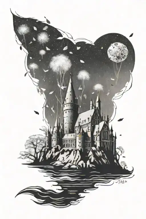 dandelion seeds floating towards hogwarts castle tattoo design idea