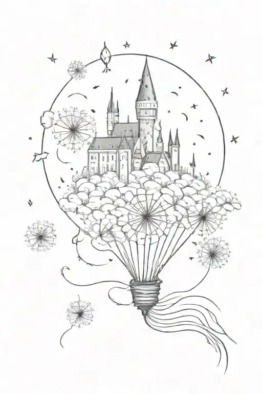dandelion seeds floating towards hogwarts castle tattoo design idea