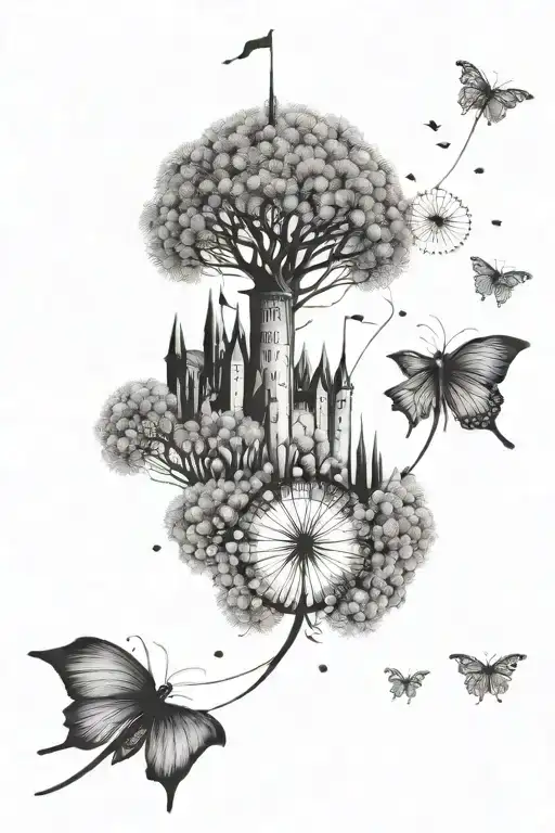 dandelion seeds drifting towards hogwarts castle tattoo design idea