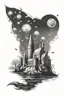 dandelion seeds floating towards hogwarts castle tattoo design idea