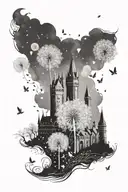 dandelion seeds floating towards hogwarts castle tattoo design idea