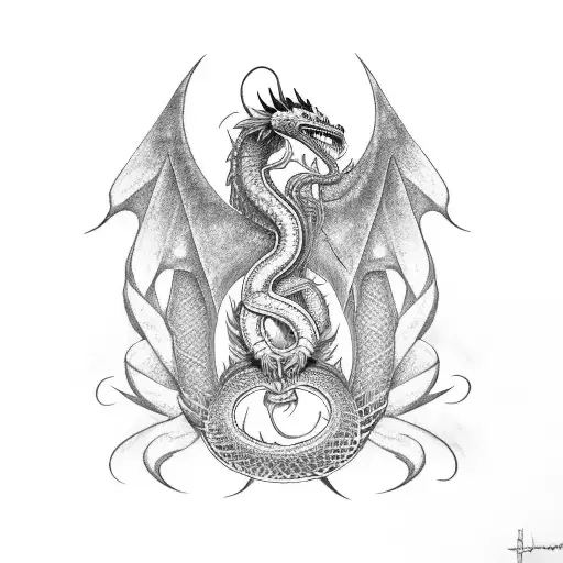 quetzalcoatl mixing serpent and dragon elements with feathers  on its body and his tongue out tattoo design idea