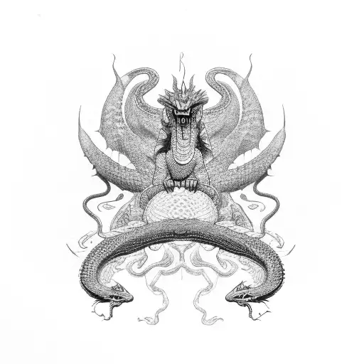 quetzalcoatl mixing serpent and dragon elements with feathers  on its body and his tongue out tattoo design idea