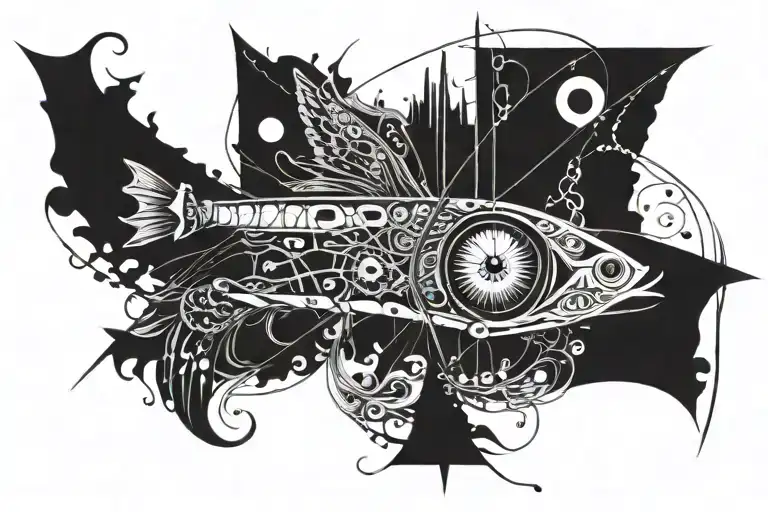 half moon, all seeing eye dragon fly fishing tattoo design idea