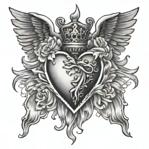 chest piece black and gray with sacred heart in the center tattoo design idea