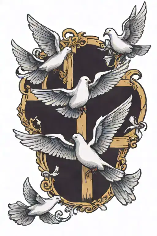 cross with 3 doves flying tattoo design idea