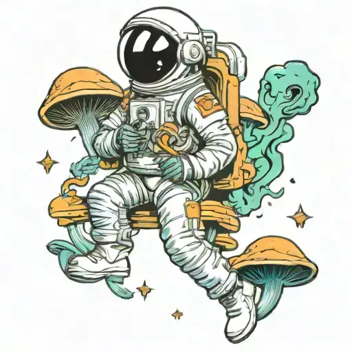astronaut floating around mushrooms with alien smoking a joint tattoo design idea