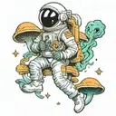 astronaut floating around mushrooms with alien smoking a joint tattoo design idea