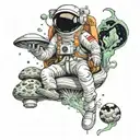 astronaut floating around mushrooms with alien smoking a joint tattoo design idea