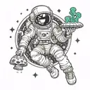 astronaut floating around mushrooms with alien smoking a joint tattoo design idea