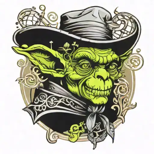 goblin wearing a pashmina and hat with sprout, music notes floating tattoo design idea